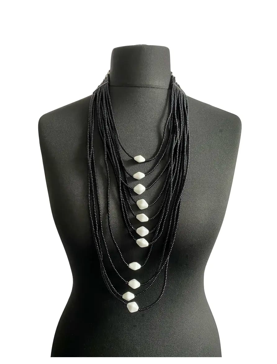 MRV17 - Black & White Layered Cascade Shompole Beaded Maasai Necklace