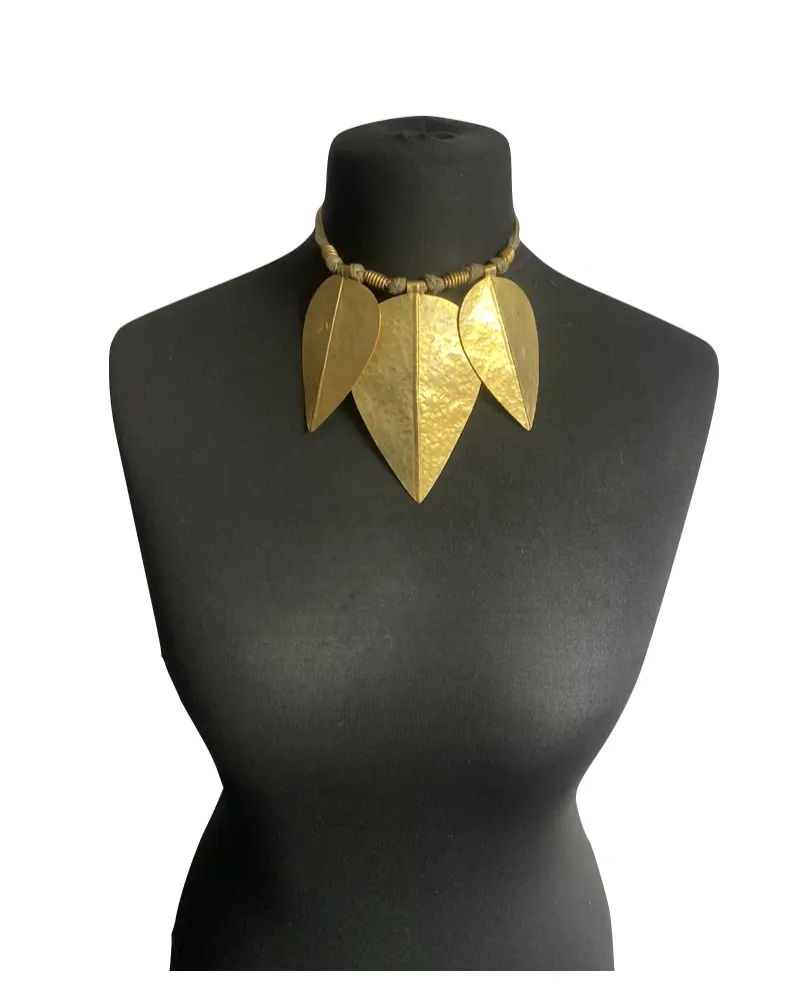 MRV4 - Brass Turkana Leaf Necklace with beige sisal twine