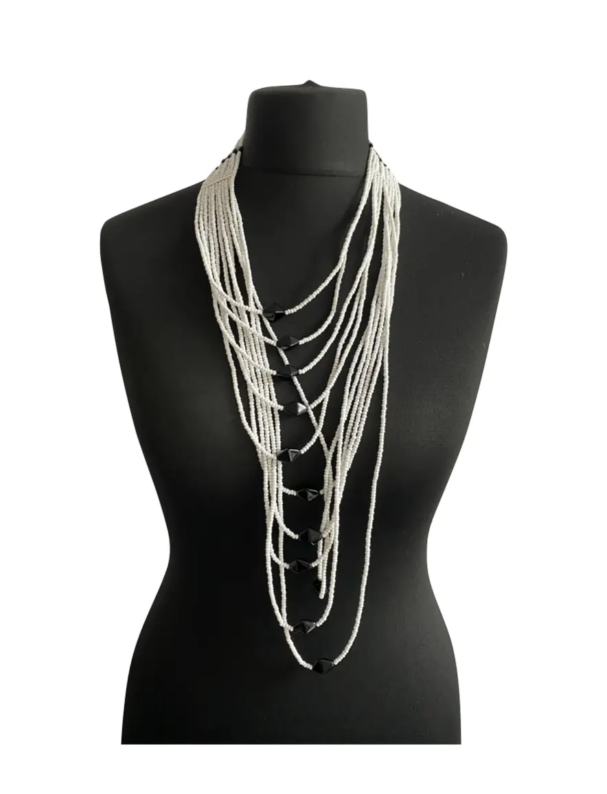 MRV18 - White & Black Layered Cascade Shompole Beaded Maasai Necklace