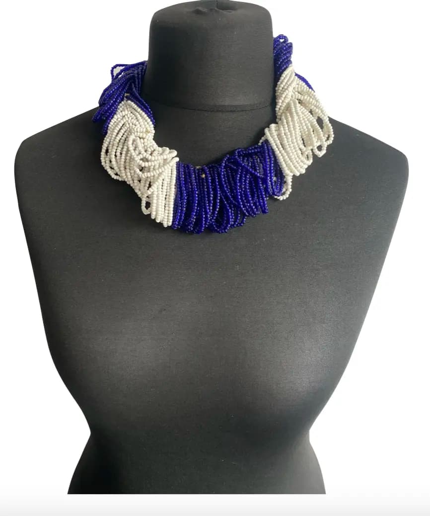 MRV9 - Vintage White and Blue Beaded Loop Layering Necklace