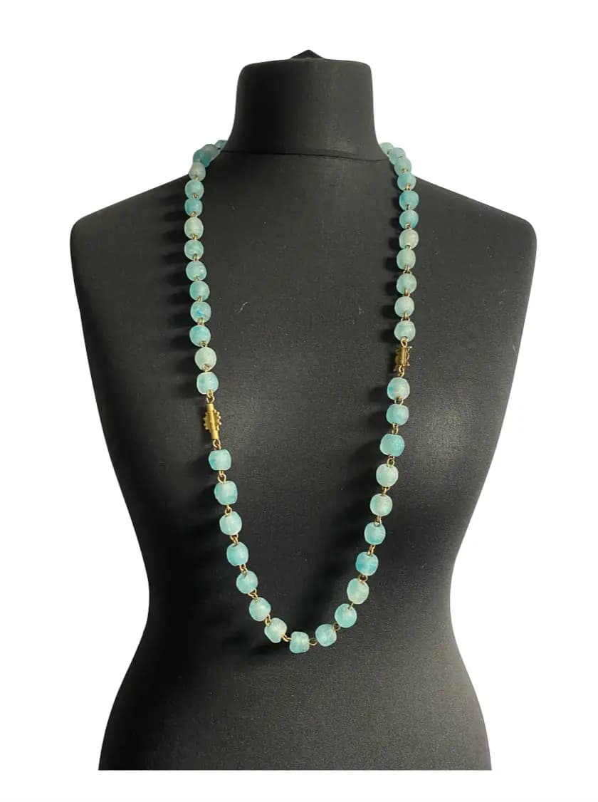 MRV25 - Long Chunky Light Blue Glass Bead Necklace